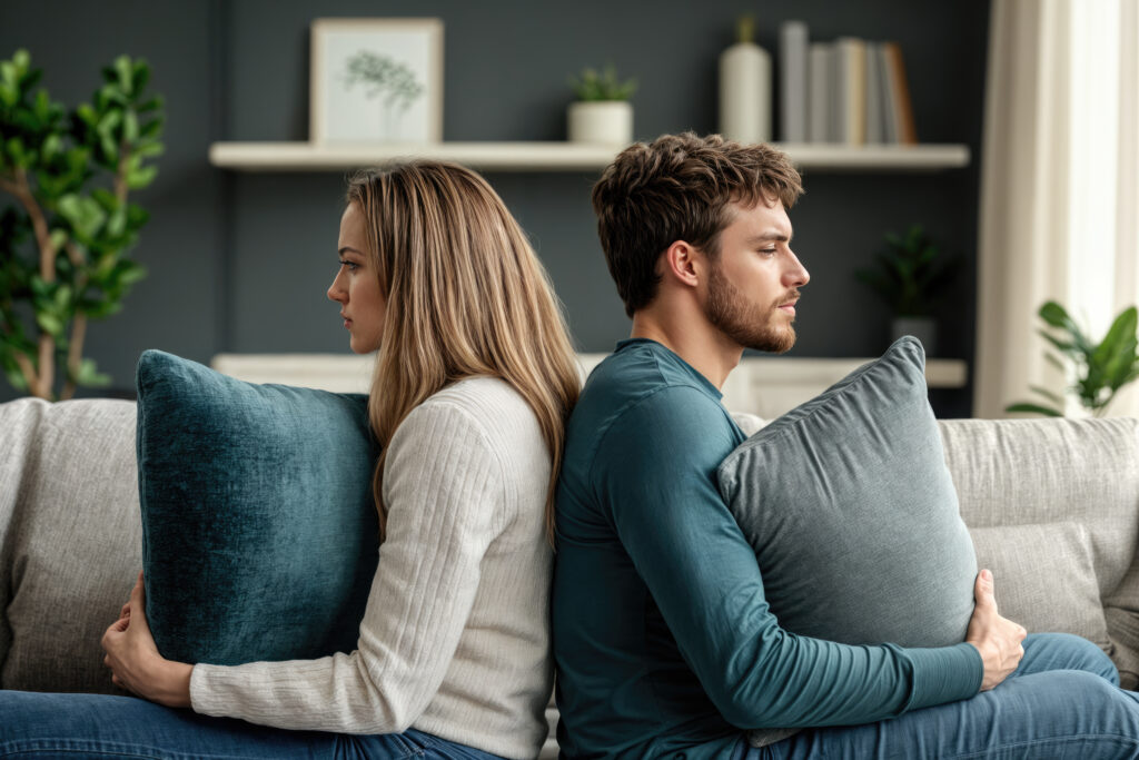Upset young couple sitting back to back on sofa after argument at home.