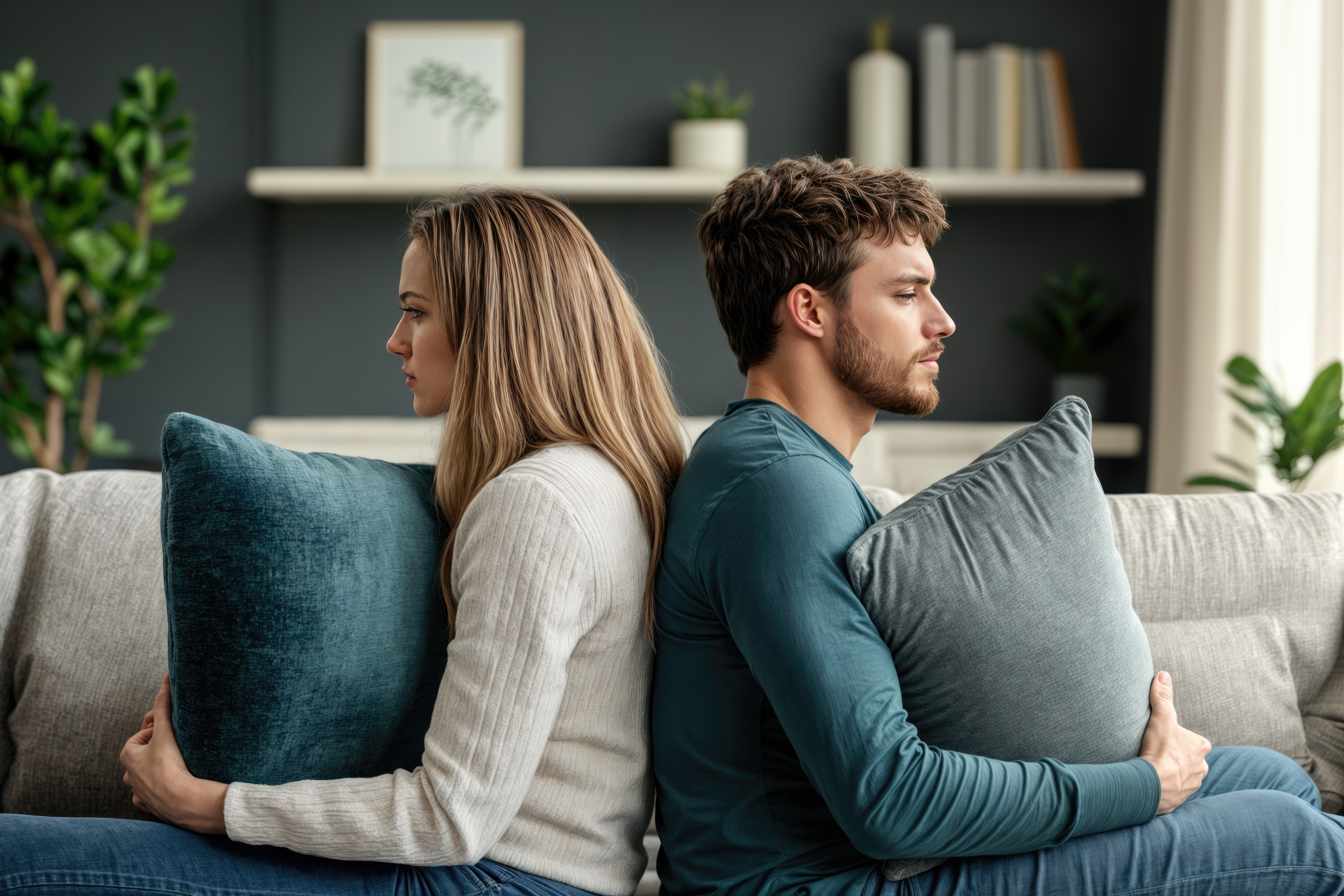 Upset young couple sitting back to back on sofa after argument at home.