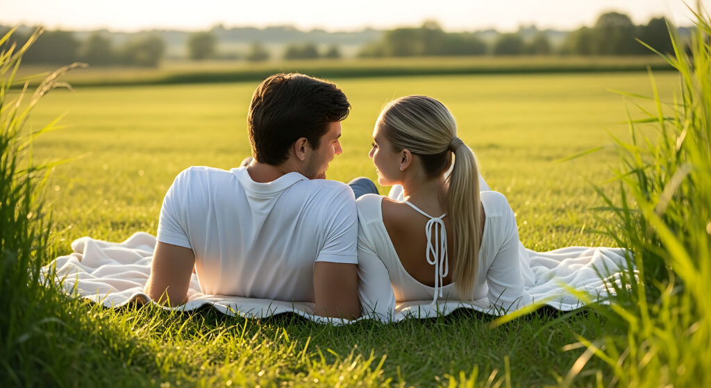 Romantic couple lying on blanket in sunlit field during golden hour surrounded by tall grass