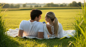 Romantic couple lying on blanket in sunlit field during golden hour surrounded by tall grass