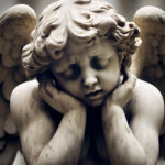 Sad stone cherub angel statue with folded wings, symbolizing grief, loss, and heartfelt sorrow.