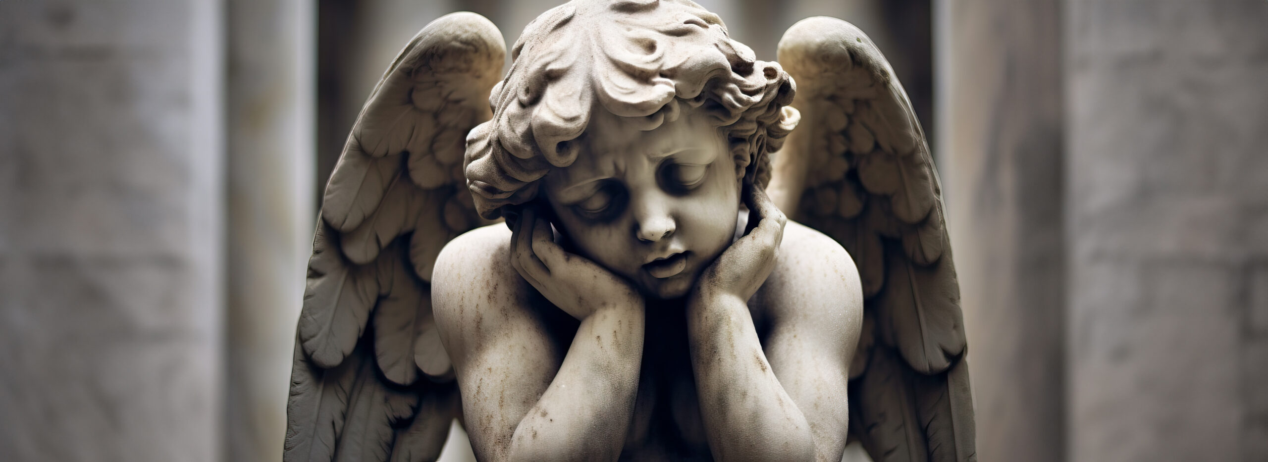 Sad stone cherub angel statue with folded wings, symbolizing grief, loss, and heartfelt sorrow.
