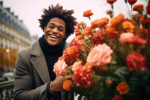 Smiling young Black man in Paris holding colorful flower bouquet for a romantic date