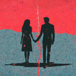 Abstract illustration of couple on torn paper symbolizing breakup, divorce, and emotional separation.