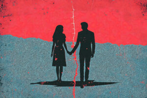 Abstract illustration of couple on torn paper symbolizing breakup, divorce, and emotional separation.