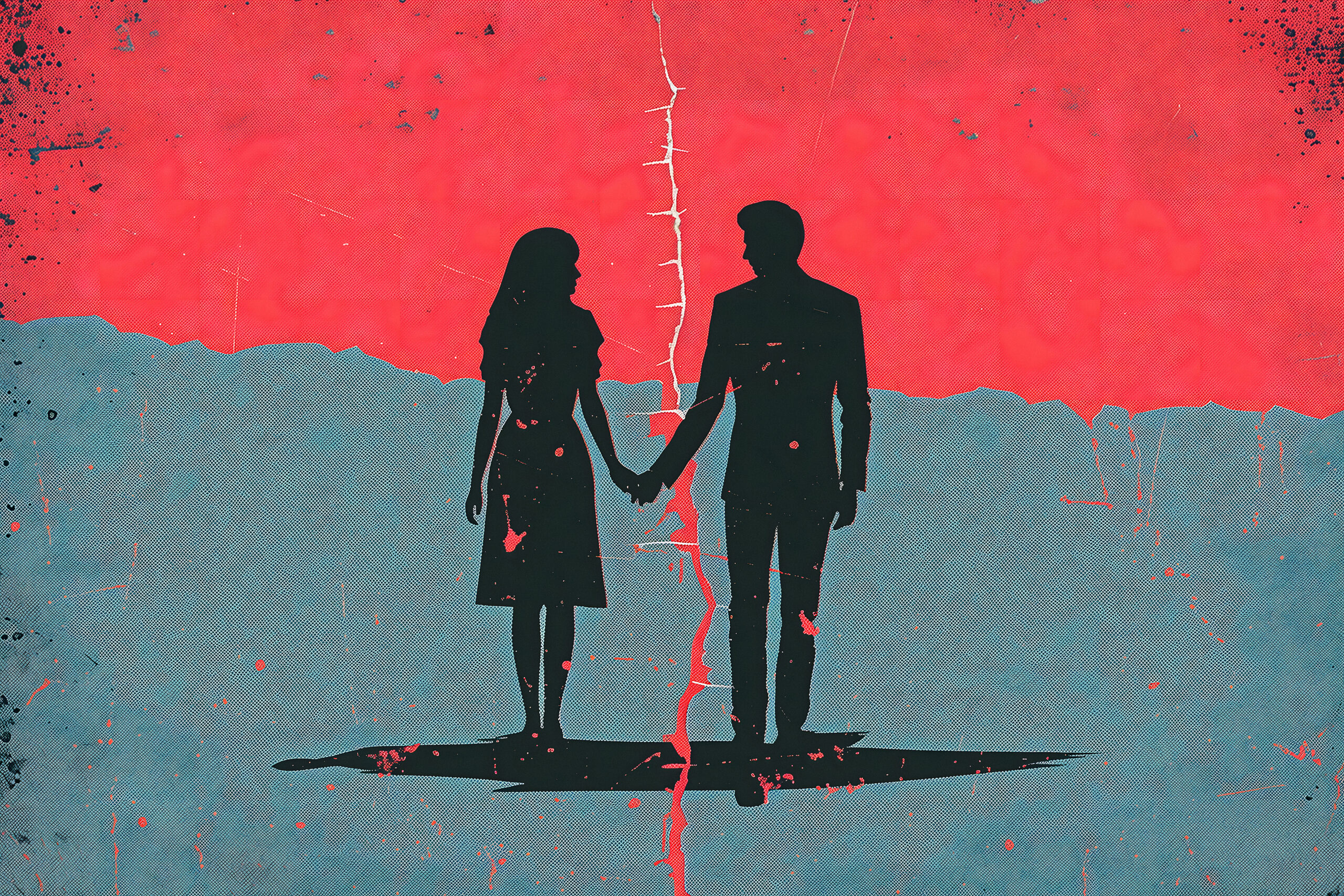 Abstract illustration of couple on torn paper symbolizing breakup, divorce, and emotional separation.