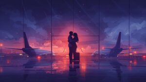 Silhouette of African couple embracing at airport during sunset, symbolizing love, reunion, and travel.
