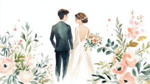 Watercolor bride and groom illustration with pastel flowers, perfect for elegant wedding invitations.