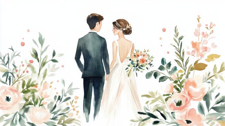 Watercolor bride and groom illustration with pastel flowers, perfect for elegant wedding invitations.