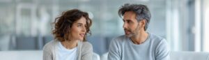 Married couple in therapy discussing communication and relationship issues in a professional counseling office.