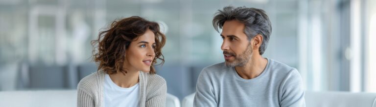 Married couple in therapy discussing communication and relationship issues in a professional counseling office.