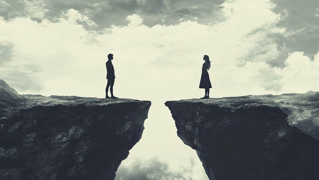 Silhouetted couple stands on opposite sides of a deep chasm, symbolizing emotional distance and heartbreak.