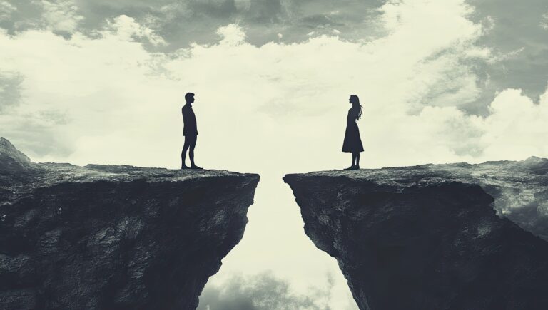 Silhouetted couple stands on opposite sides of a deep chasm, symbolizing emotional distance and heartbreak.