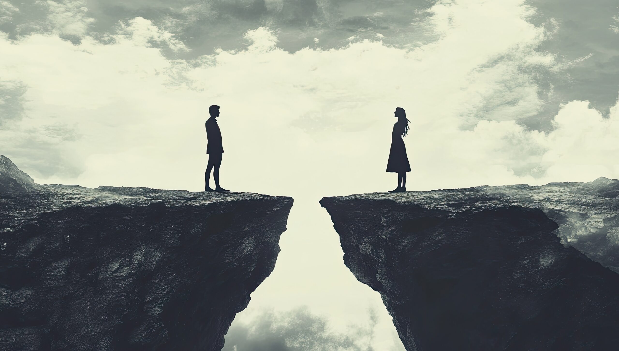 Silhouetted couple stands on opposite sides of a deep chasm, symbolizing emotional distance and heartbreak.