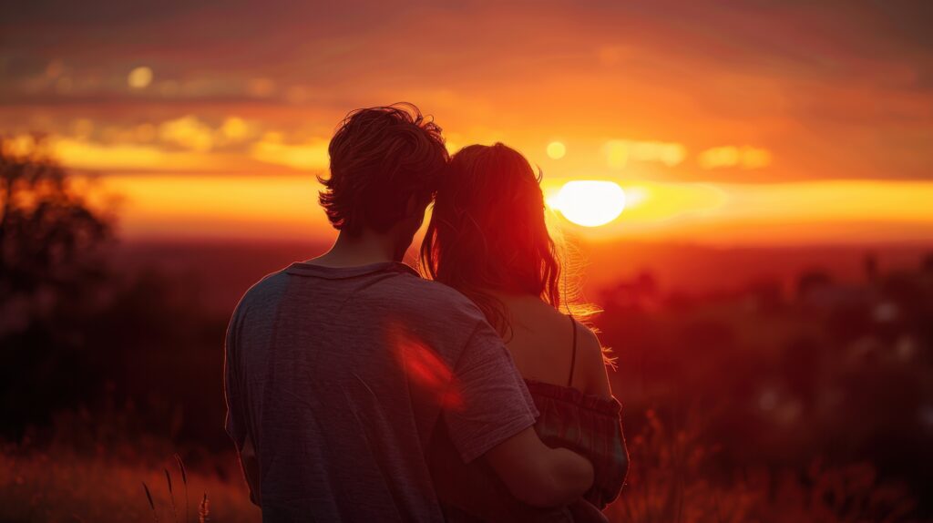 Romantic couple embracing at sunset, sharing a tender moment in warm golden light.