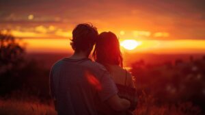 Romantic couple embracing at sunset, sharing a tender moment in warm golden light.