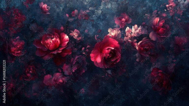 Crimson and pink peonies glowing softly against a dark, moody floral background.