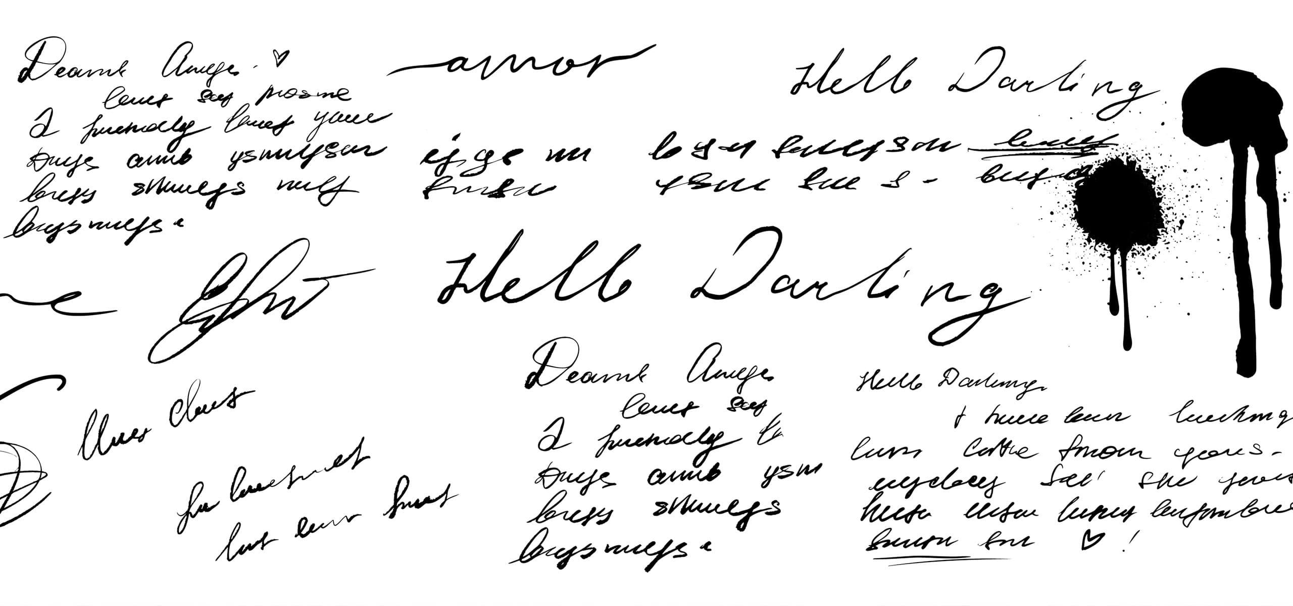 Handwritten love notes and sketches on white paper expressing emotion and artistic creativity.