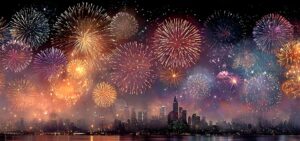 Vibrant city fireworks reflecting over water, creating a romantic and festive night celebration.