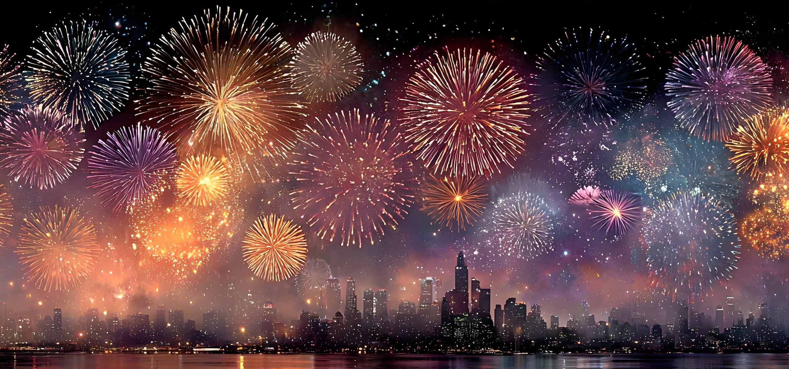 Vibrant city fireworks reflecting over water, creating a romantic and festive night celebration.