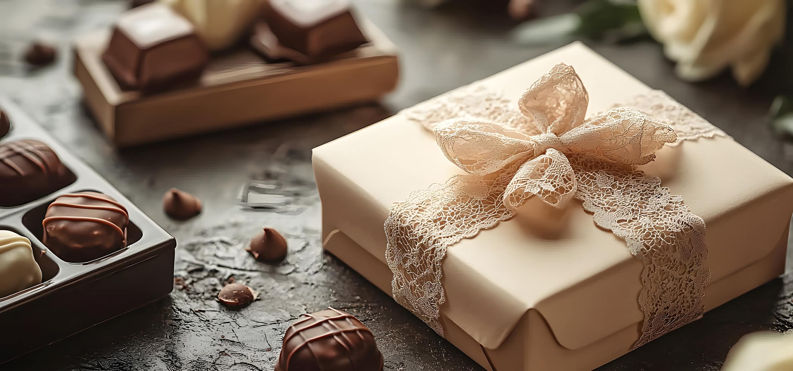 Elegant peach gift box with lace ribbon, chocolates, hazelnuts, and rose for a romantic celebration.