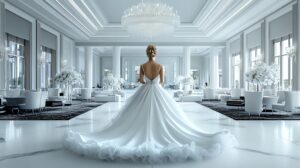 Elegant 3D wedding venue with bride in luxurious gown under chandelier and marble interiors.