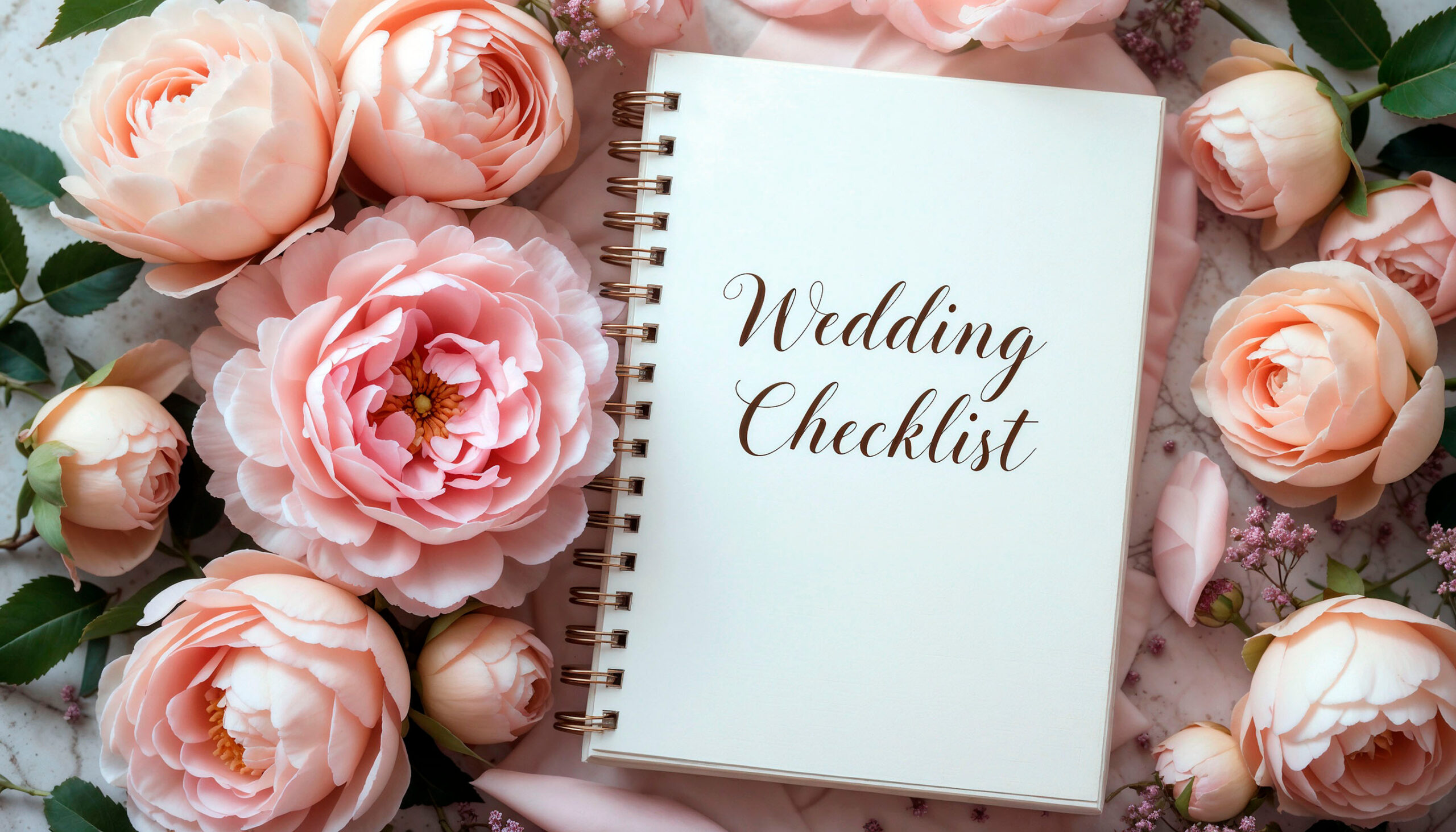 Elegant wedding checklist notebook surrounded by pastel peonies and roses in a romantic flat lay.