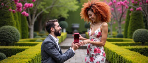 Romantic garden proposal at sunset with man kneeling and offering diamond ring to smiling woman.