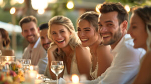 Bride and groom laughing with friends at a candlelit wedding reception filled with joy and elegance.