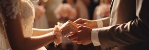Close-up of bride and groom holding hands during heartfelt wedding vows ceremony.